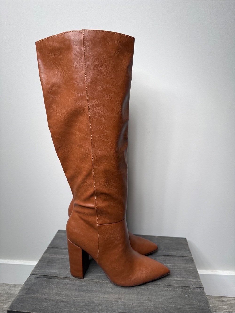 Shoe Dazzle Tall Pointed-Toe Knee High Boots in Cognac Brown
